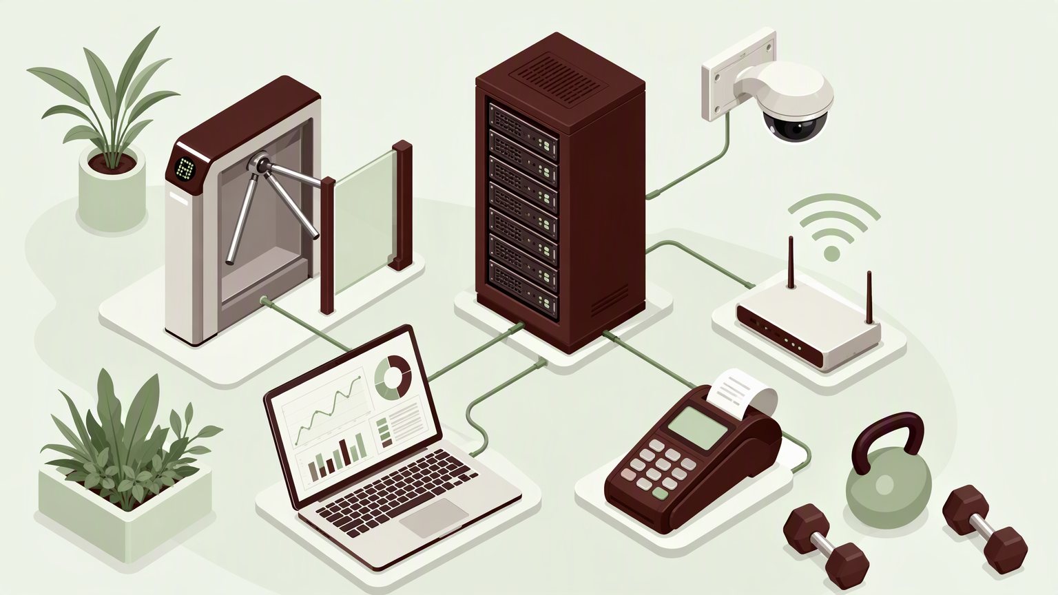 Схема ИТ-инфраструктуры фитнес-клуба: СКУД с турникетами, CRM, касса, гостевой Wi-Fi и видеонаблюдение