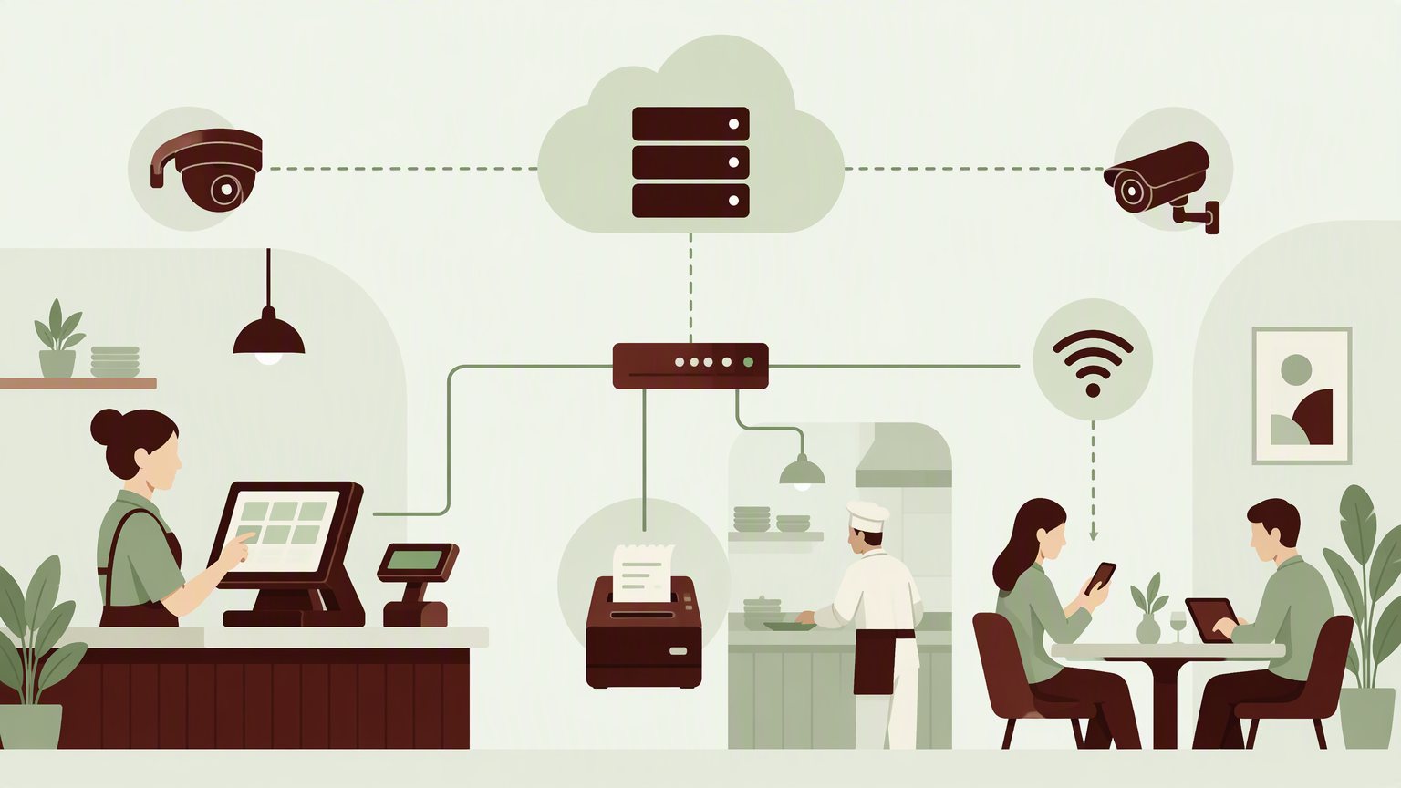 Схема ИТ-инфраструктуры ресторана: кассы, кухня, гостевой Wi-Fi и сервер